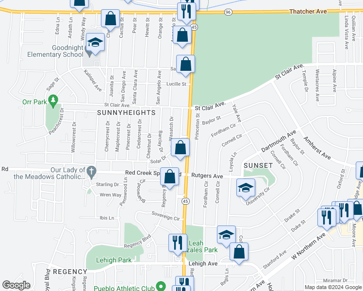 map of restaurants, bars, coffee shops, grocery stores, and more near 32 Solar Drive in Pueblo