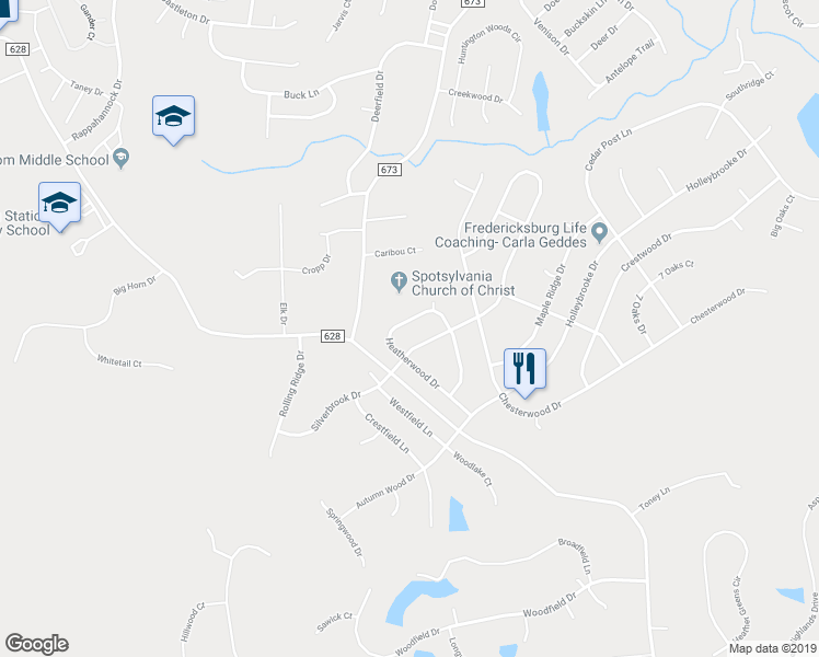 map of restaurants, bars, coffee shops, grocery stores, and more near 10813 Heatherwood Drive in Spotsylvania Courthouse
