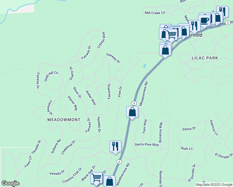 map of restaurants, bars, coffee shops, grocery stores, and more near 1876 Pine Drive in Arnold