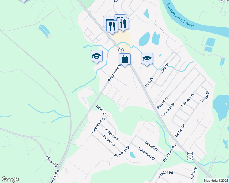 map of restaurants, bars, coffee shops, grocery stores, and more near 10608 Boxmeer Court in Fredericksburg