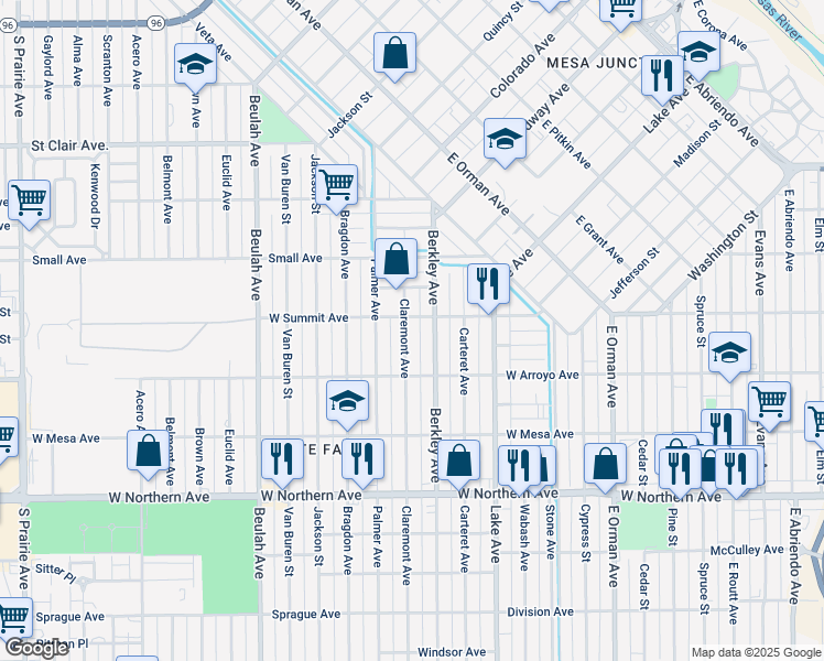 map of restaurants, bars, coffee shops, grocery stores, and more near 1010 Claremont Avenue in Pueblo