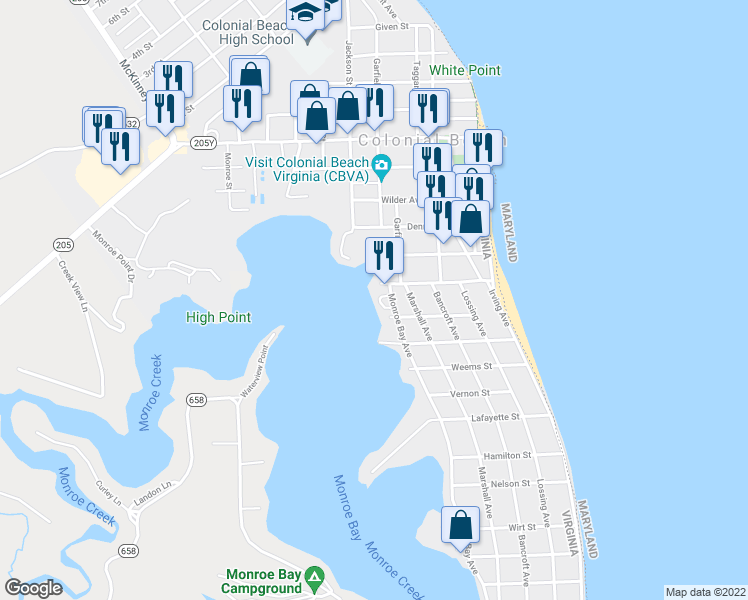 map of restaurants, bars, coffee shops, grocery stores, and more near 11 Monroe Bay Avenue in Colonial Beach