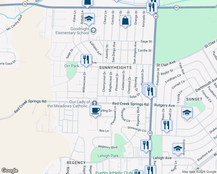 map of restaurants, bars, coffee shops, grocery stores, and more near 1019 Maplecrest Drive in Pueblo