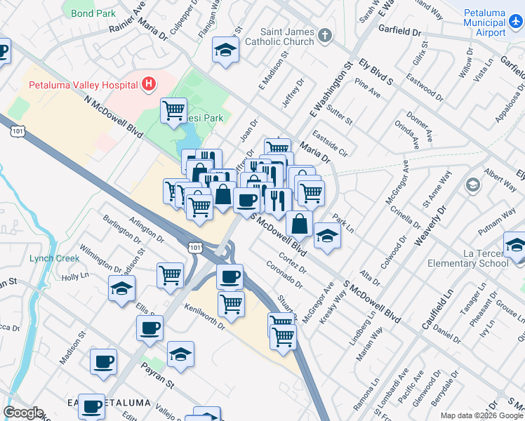 map of restaurants, bars, coffee shops, grocery stores, and more near 205 South McDowell Boulevard in Petaluma