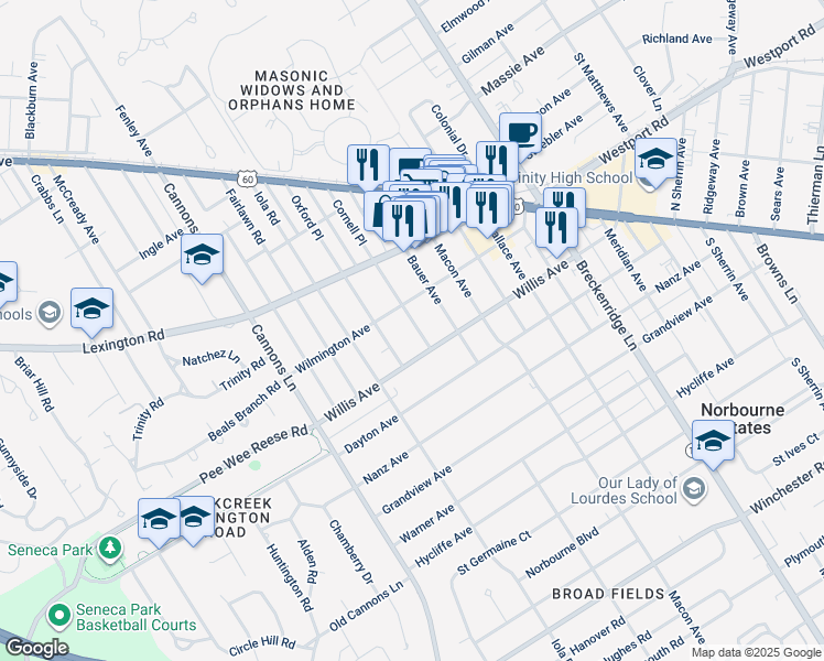 map of restaurants, bars, coffee shops, grocery stores, and more near 520 Cornell Place in Louisville