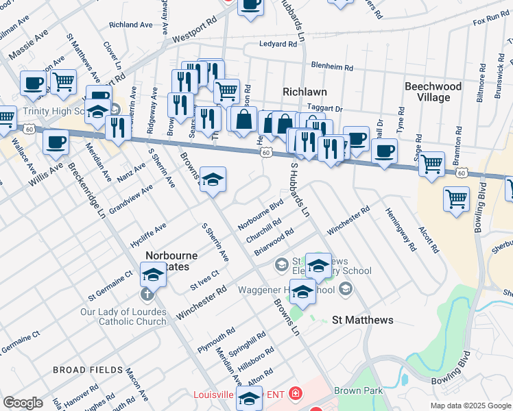 map of restaurants, bars, coffee shops, grocery stores, and more near 4216 Norbourne Boulevard in Louisville