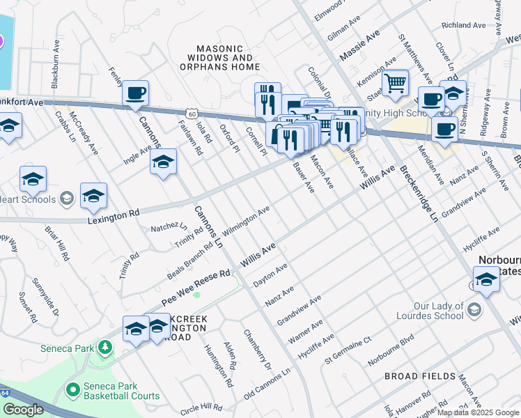 map of restaurants, bars, coffee shops, grocery stores, and more near 501 Fairlawn Road in Louisville