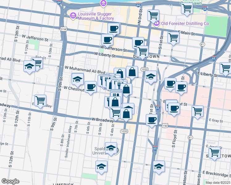 map of restaurants, bars, coffee shops, grocery stores, and more near 612 South 4th Street in Louisville