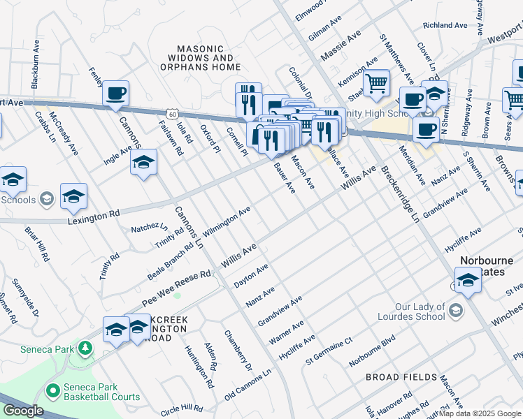 map of restaurants, bars, coffee shops, grocery stores, and more near 510 Oxford Place in Louisville