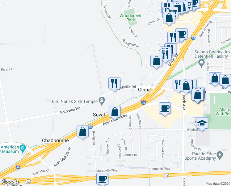 map of restaurants, bars, coffee shops, grocery stores, and more near 2978 Rockville Road in Fairfield