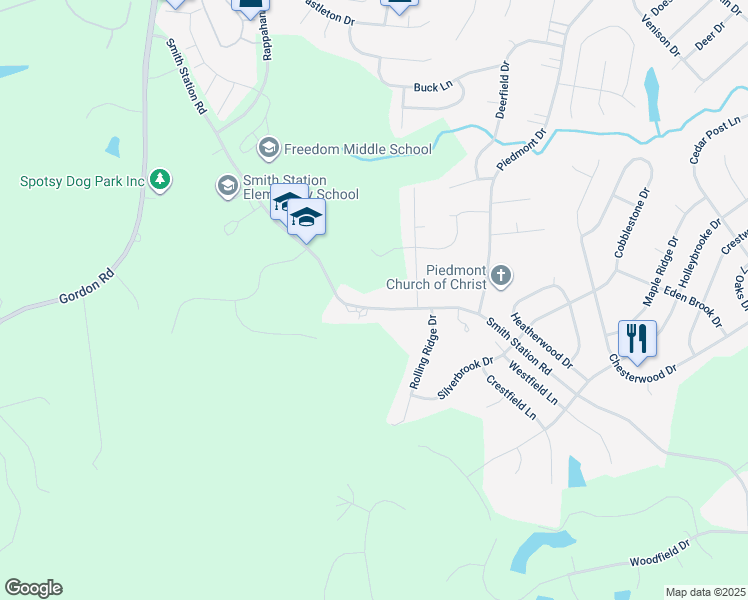 map of restaurants, bars, coffee shops, grocery stores, and more near 7239 Smith Station Road in Fredericksburg