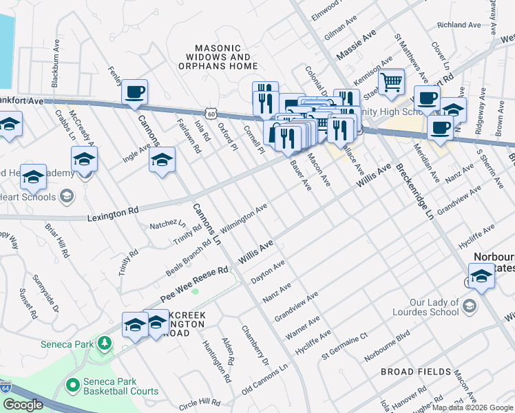 map of restaurants, bars, coffee shops, grocery stores, and more near 501 Fairlawn Road in Louisville