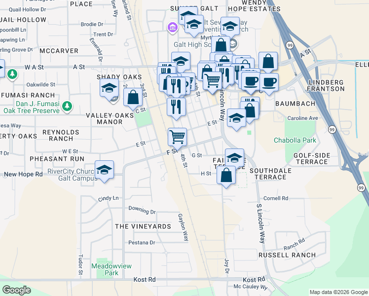 map of restaurants, bars, coffee shops, grocery stores, and more near 409 F Street in Galt