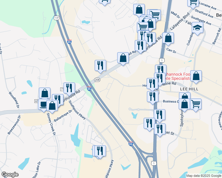 map of restaurants, bars, coffee shops, grocery stores, and more near 209 McGowan Drive in Fredericksburg