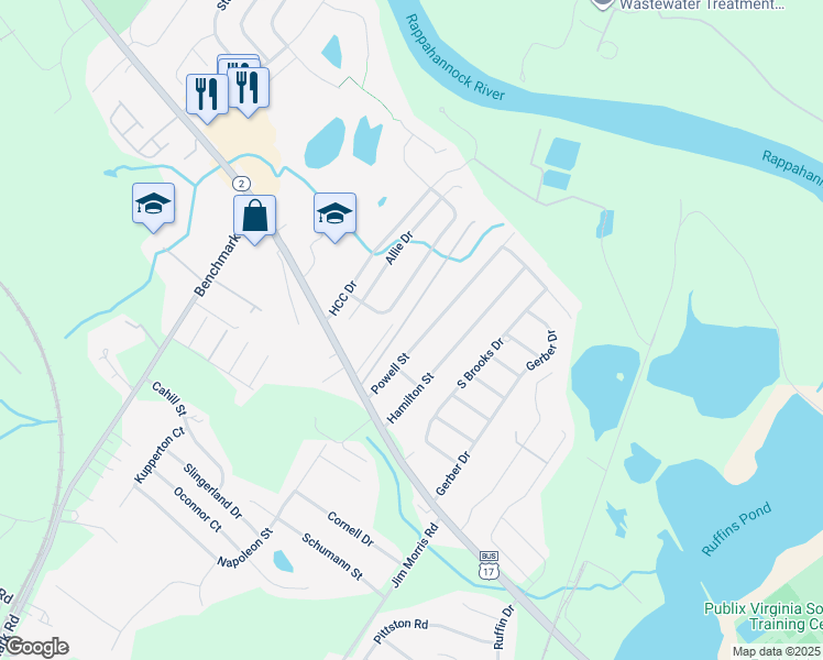map of restaurants, bars, coffee shops, grocery stores, and more near 209 Powell Street in Fredericksburg