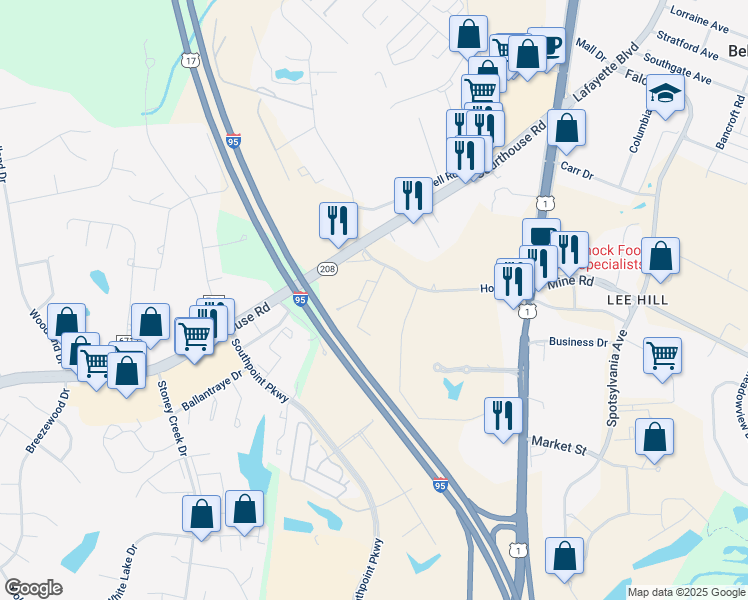 map of restaurants, bars, coffee shops, grocery stores, and more near 209 McGowan Drive in Fredericksburg