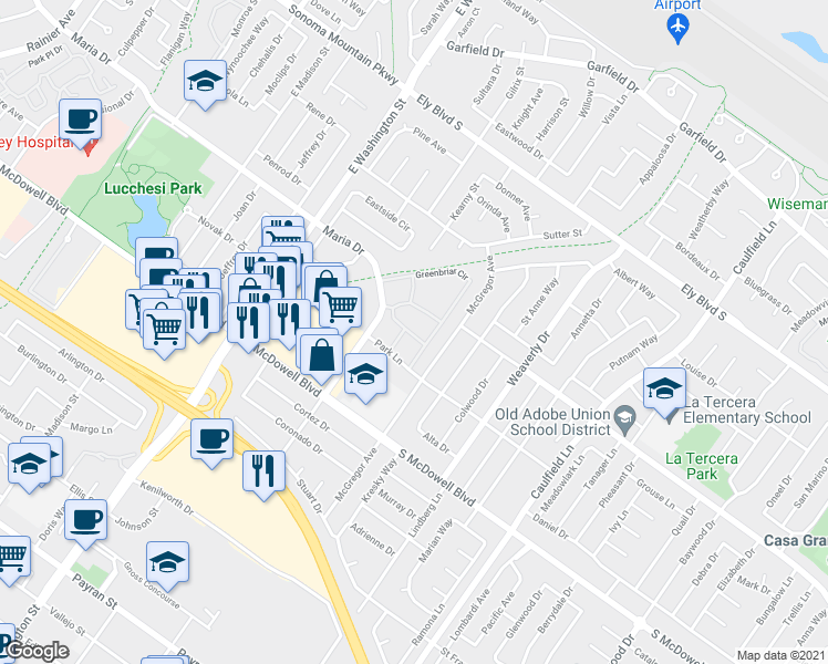 map of restaurants, bars, coffee shops, grocery stores, and more near 101 Greenbriar Circle in Petaluma