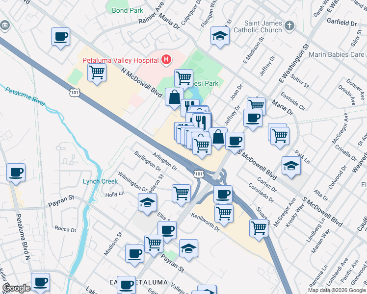 map of restaurants, bars, coffee shops, grocery stores, and more near 255 North McDowell Boulevard in Petaluma