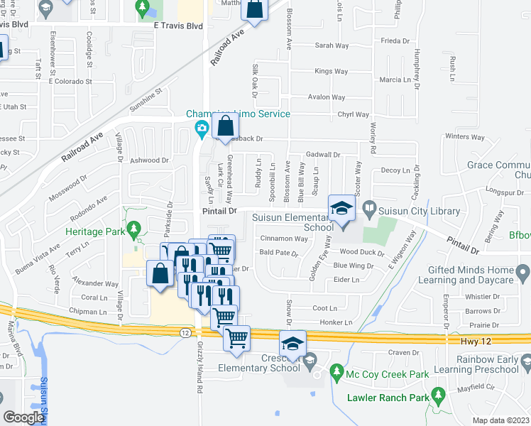map of restaurants, bars, coffee shops, grocery stores, and more near 333 Pintail Drive in Suisun City