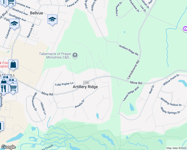 map of restaurants, bars, coffee shops, grocery stores, and more near 4201 Mine Road in Fredericksburg
