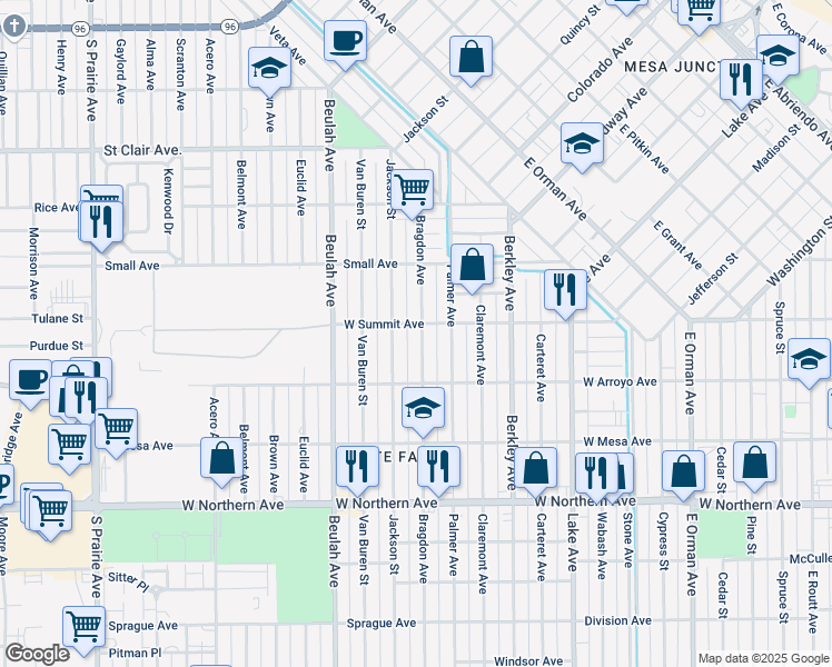 map of restaurants, bars, coffee shops, grocery stores, and more near 1007 Bragdon Avenue in Pueblo