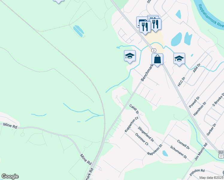 map of restaurants, bars, coffee shops, grocery stores, and more near 10500 Benchmark Road in Fredericksburg