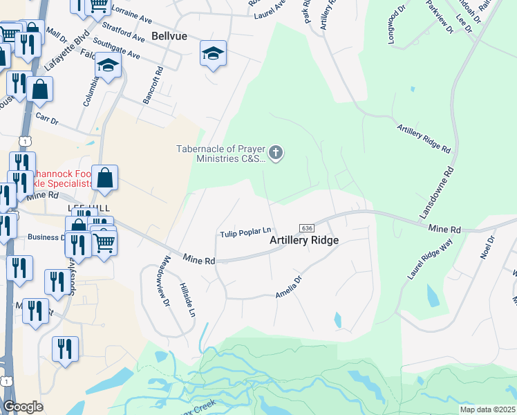 map of restaurants, bars, coffee shops, grocery stores, and more near 204 Ironwood Lane in Fredericksburg