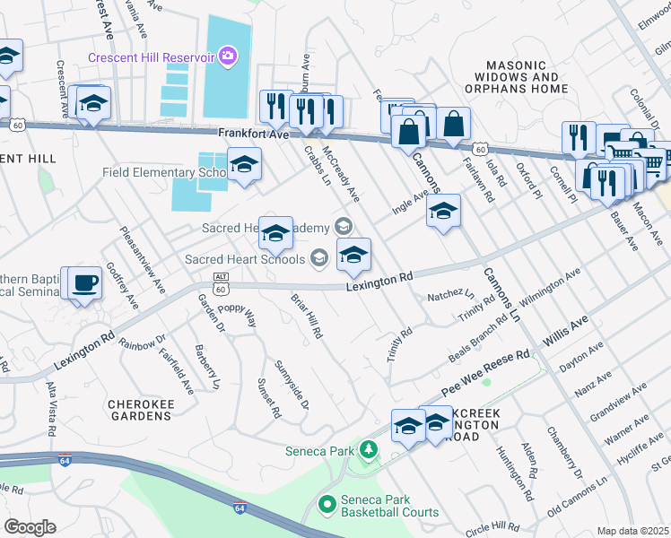 map of restaurants, bars, coffee shops, grocery stores, and more near 3177 Lexington Road in Louisville