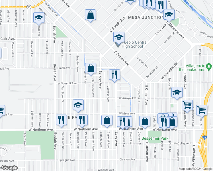 map of restaurants, bars, coffee shops, grocery stores, and more near 940 Carteret Avenue in Pueblo