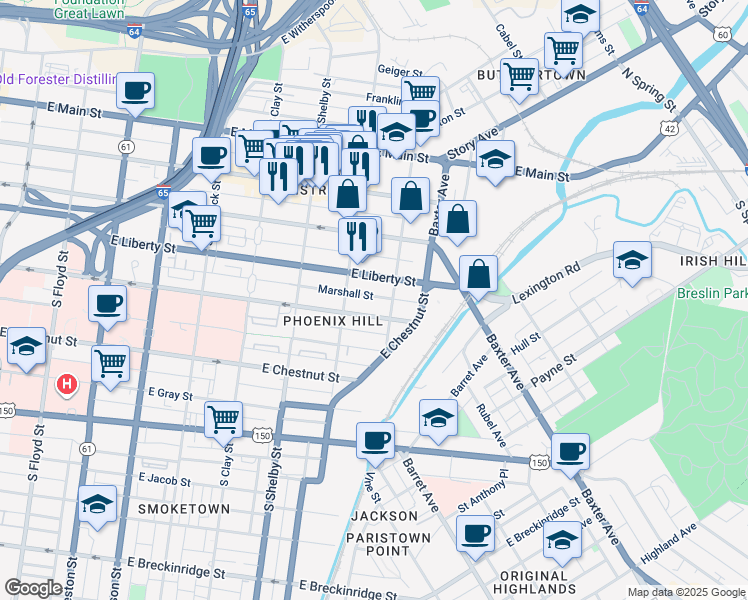 map of restaurants, bars, coffee shops, grocery stores, and more near 924 East Liberty Street in Louisville
