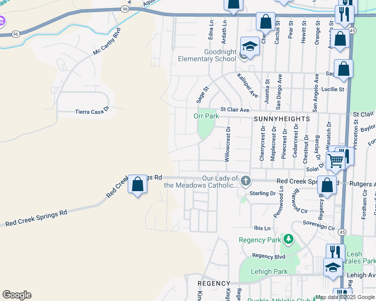 map of restaurants, bars, coffee shops, grocery stores, and more near 5125 Peachcrest Dr in Pueblo