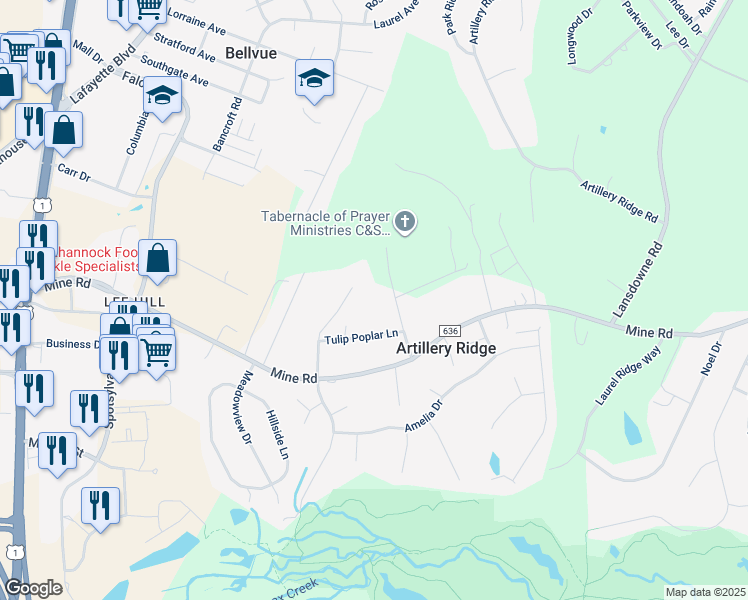 map of restaurants, bars, coffee shops, grocery stores, and more near 204 Ironwood Lane in Fredericksburg