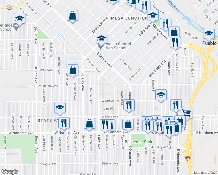 map of restaurants, bars, coffee shops, grocery stores, and more near 631 Madison Street in Pueblo