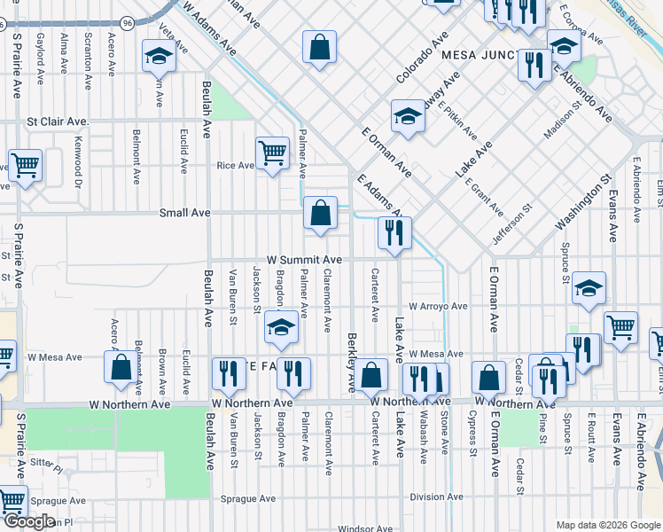 map of restaurants, bars, coffee shops, grocery stores, and more near 1004 Claremont Avenue in Pueblo