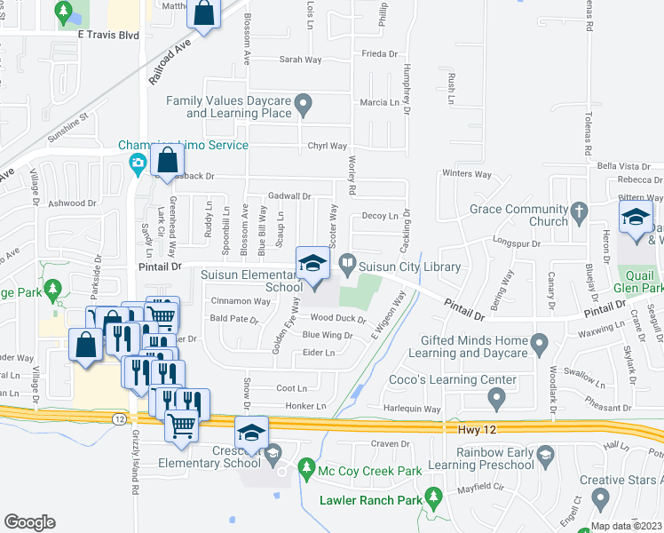 map of restaurants, bars, coffee shops, grocery stores, and more near Pintail Dr & Scoter Way in Suisun City
