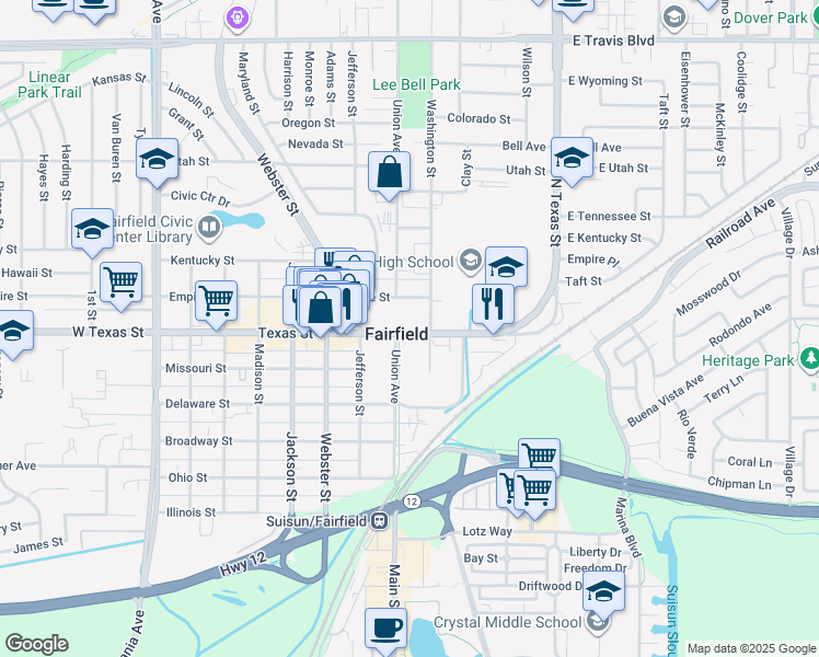map of restaurants, bars, coffee shops, grocery stores, and more near in Fairfield