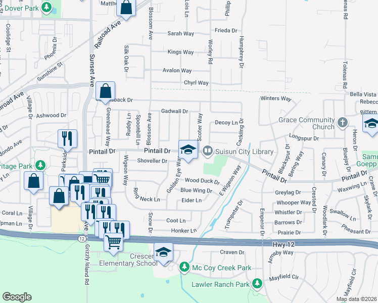 map of restaurants, bars, coffee shops, grocery stores, and more near Pintail Dr & Tree Duck Way in Suisun City
