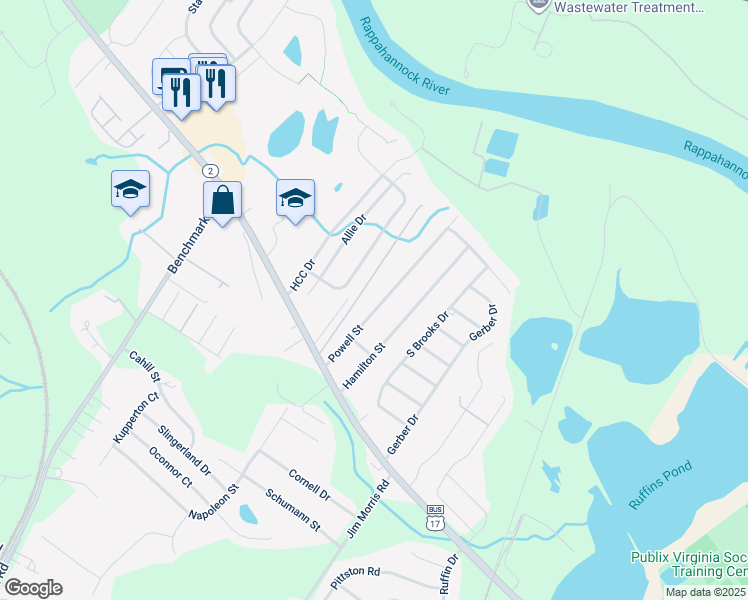 map of restaurants, bars, coffee shops, grocery stores, and more near 215 Powell Street in Fredericksburg