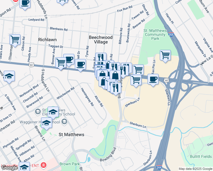 map of restaurants, bars, coffee shops, grocery stores, and more near 4520 Shelbyville Road in Louisville