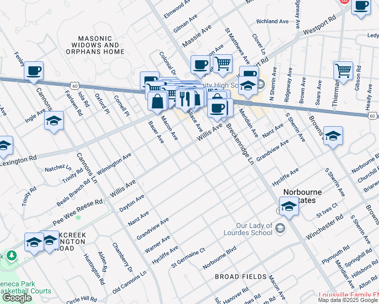map of restaurants, bars, coffee shops, grocery stores, and more near 424 Wendover Avenue in Louisville