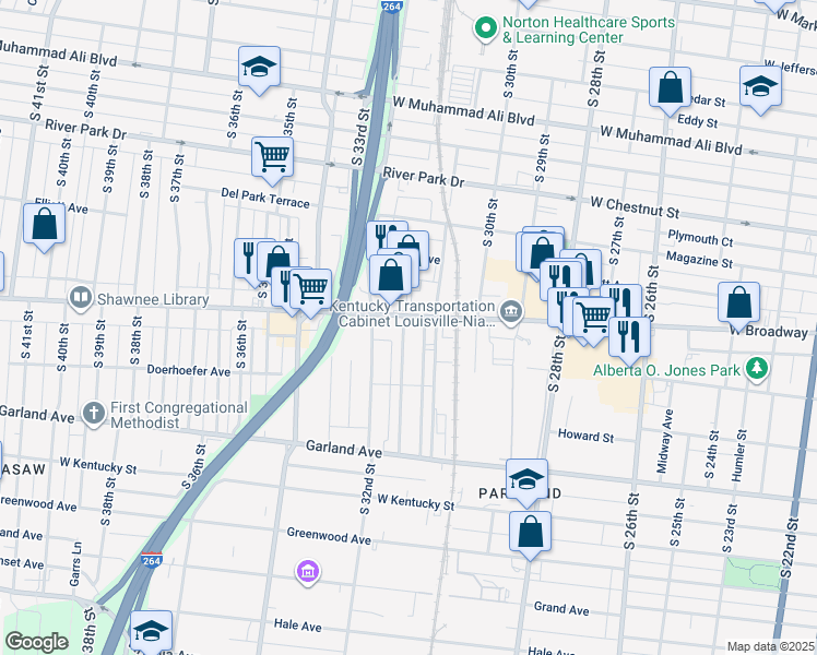 map of restaurants, bars, coffee shops, grocery stores, and more near 3131 West Broadway in Louisville