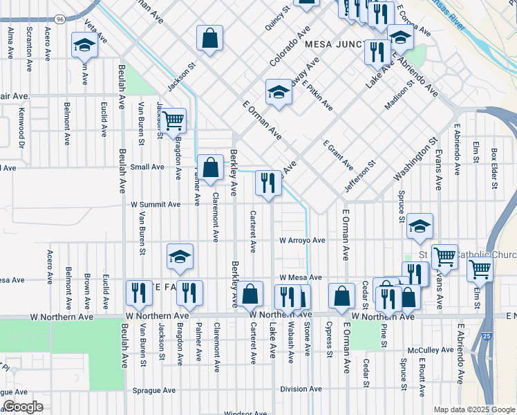 map of restaurants, bars, coffee shops, grocery stores, and more near 940 Carteret Avenue in Pueblo