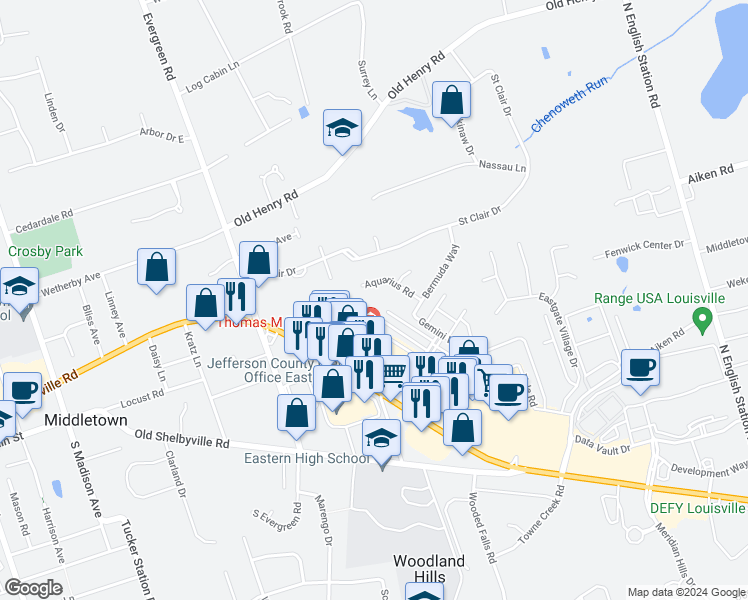 map of restaurants, bars, coffee shops, grocery stores, and more near 12401 Aquarius Road in Louisville