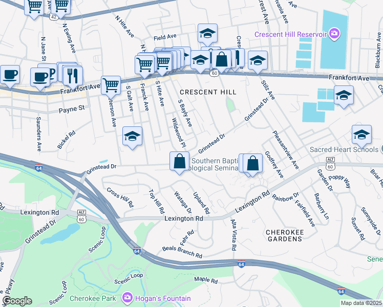 map of restaurants, bars, coffee shops, grocery stores, and more near 355 South Bayly Avenue in Louisville