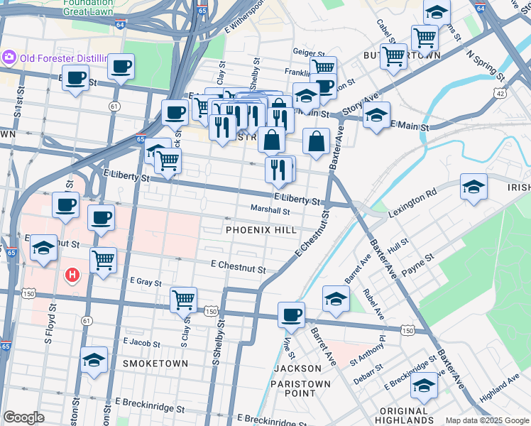 map of restaurants, bars, coffee shops, grocery stores, and more near in Louisville