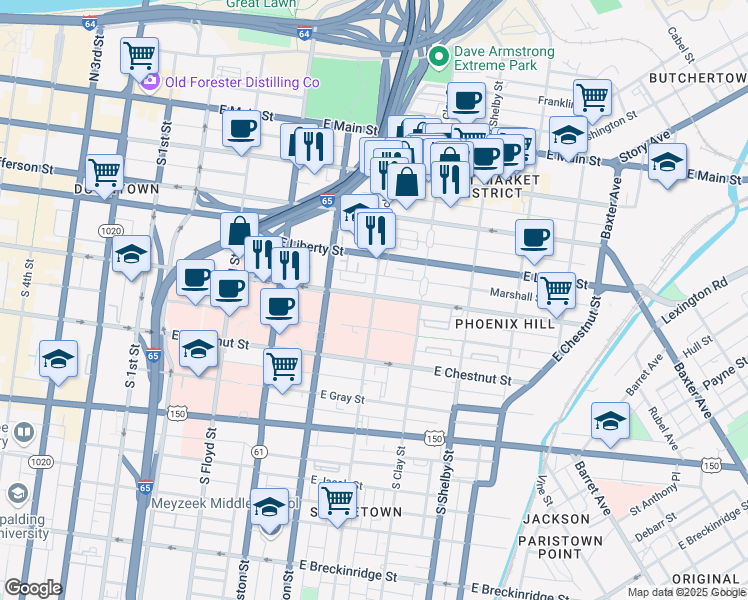 map of restaurants, bars, coffee shops, grocery stores, and more near 430 South Hancock Street in Louisville