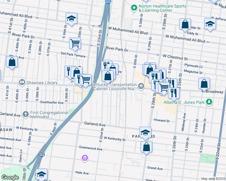 map of restaurants, bars, coffee shops, grocery stores, and more near 3131 West Broadway in Louisville