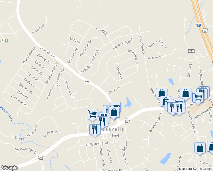 map of restaurants, bars, coffee shops, grocery stores, and more near 10628 Kemper Court in Fredericksburg