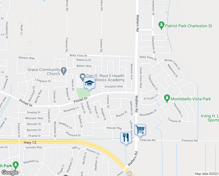 map of restaurants, bars, coffee shops, grocery stores, and more near 1409 Prospect Way in Suisun City