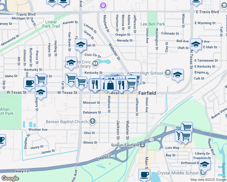 map of restaurants, bars, coffee shops, grocery stores, and more near 733 Madison Street in Fairfield